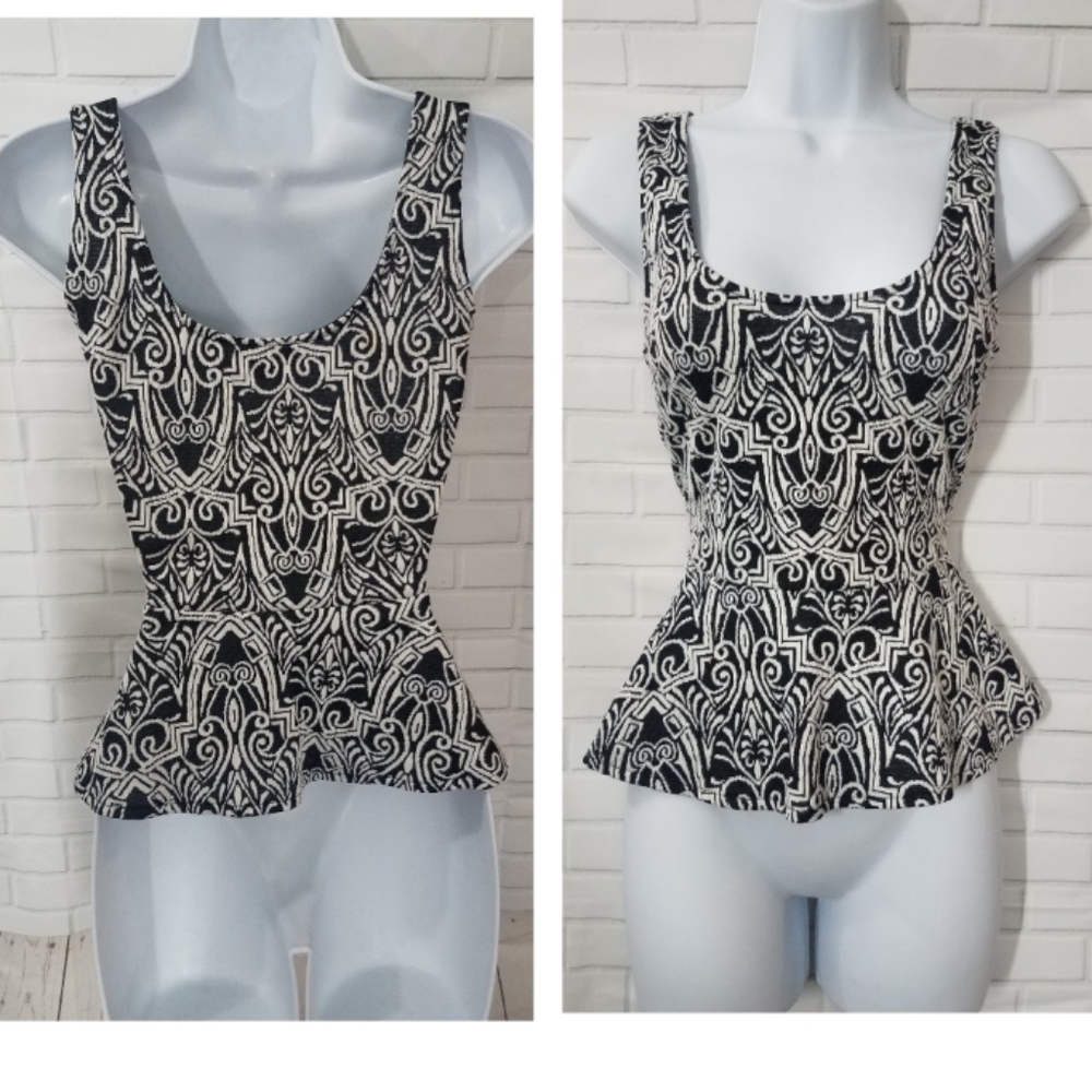 Bebe Black and White Jacquard Peplum Top
